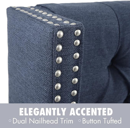 Madison Park Queen Button Tufted Headboard, Adjustable Upholstered Transitional Wingback Headboard, Nailhead Trim, Wooden Frame, Black Metal Legs, Flush Flat Back, Vintage Bedroom Décor Amelia - Navy