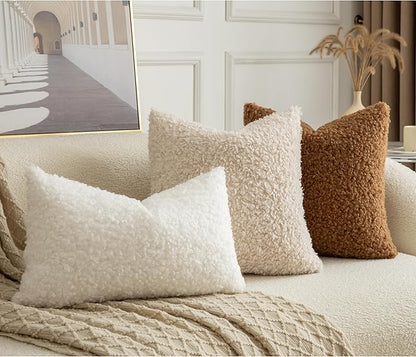 Pack of 2 Curly Teddy Wool Faux Fur Throw Pillow Covers Fuzzy Accent Soft Sherpa Pillowcases Sheepskin Fleece Decorative Cushion Case for Sofa Couch Living Room 12x20 Inch Neutral White