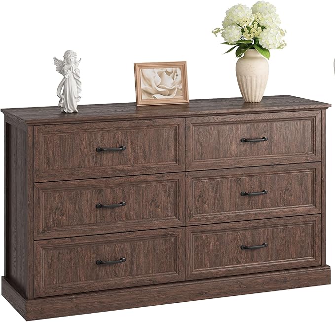 Farmhouse 6 Drawer Dresser for Bedroom, 55 Inch Wide Modern Brown Dresser TV Stand with Large Drawers & Bar Handles, Rustic Wood Chest of Drawers for Bedroom, Living Room, Hallway