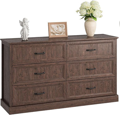 Farmhouse 6 Drawer Dresser for Bedroom, 55 Inch Wide Modern Brown Dresser TV Stand with Large Drawers & Bar Handles, Rustic Wood Chest of Drawers for Bedroom, Living Room, Hallway