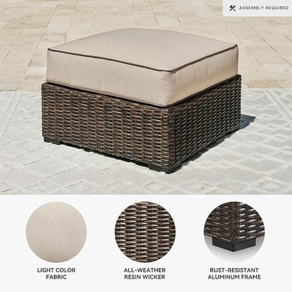 Signature Design by Ashley Coastline Bay Outdoor Patio Nuvella Weather Resistant Fabric, Resin Wicker Ottoman with Cushion, Beige & Dark Brown