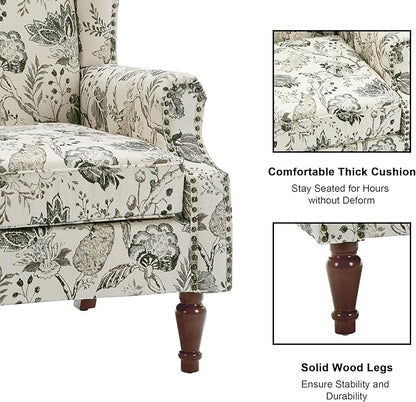 Accent Chair, Upholstered High Back Floral Armchair with Nailhead Trim & Wood Legs, Comfy Wingback Reading Single Sofa Chair for Small Spaces, Living Room, Bedroom ( Plants Beige Floral, Set of 2)