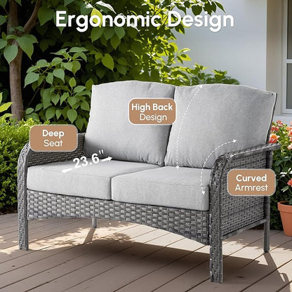 5 PCS Patio Outdoor Furniture Set with Swivel Rocking Chairs,All Weather Wicker Rattan Patio Seating Sofa and Chairs Set,Outdoor Conversaiton Sets for Deck Yard Prrch Garden Poolside,Grey