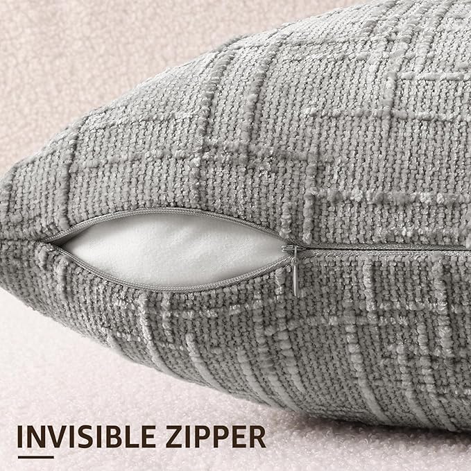 decorUhome Neutral Grey Chenille Throw Pillow Covers 22x22 Set of 2 Thick Textured Slubby Couch Pillow Covers Farmhouse Accent Modern Neutral Decorative Pillow Cases for Bed Sofa Living Room