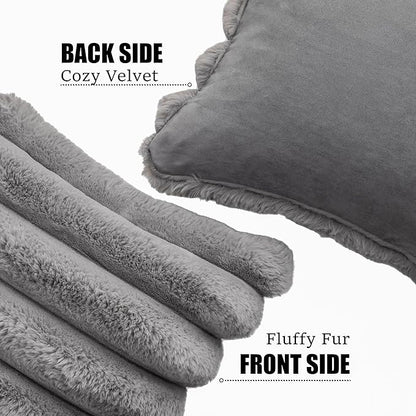 Neelvin Grey Faux Fur Cozy Soft Striped Decorative Throw Pillow Covers 24x24 inch Set of 2,Velvet Pillowcase Cushion Case for Sofa Couch