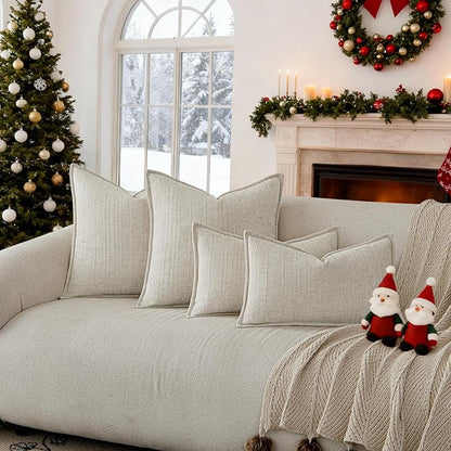 a moment Linen Pillow Covers Set of 2,Boho Farmhouse Throw Pillowcases Neutral Textured Decorative Covers for Couch Sofa Bed, Soft Linen Blend Accent Case Cushion Christmas Home Decor 20"x20"Ivory