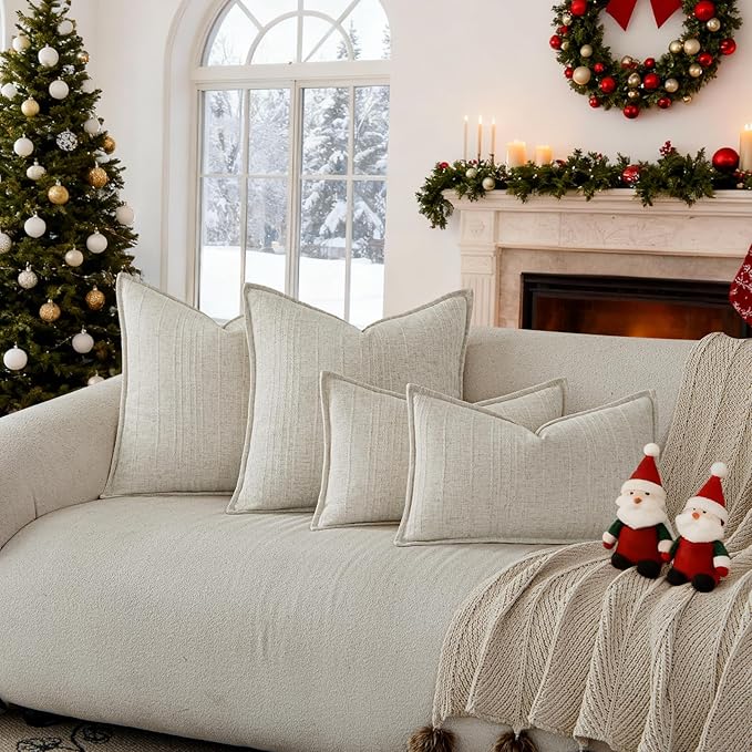 a moment Linen Pillow Covers Set of 2,Boho Farmhouse Throw Pillowcases Neutral Textured Decorative Covers for Couch Sofa,Soft Linen Blend Accent Case Cushion Christmas Home Decor 24"x24"Ivory