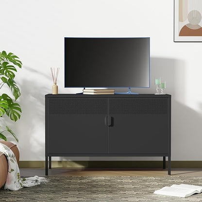 Black Wide Metal Locker Storage Cabinet, 2 Door Accent Cabinet for Home and Office, 2 Tier Low Metal Cabinet With Doors and Shelf, Multipurpose TV Stand
