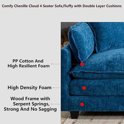 Aoowow Modular Sectional 4 Seater Cloud Sofa Couch for Living Room,149.6" Cloud Sofas with Deep Seat,Modern Chenille 4 Seat Sofas,Fluffy Cloud Couches for Bedroom,Office,Hotel (Blue, 4 Seater)