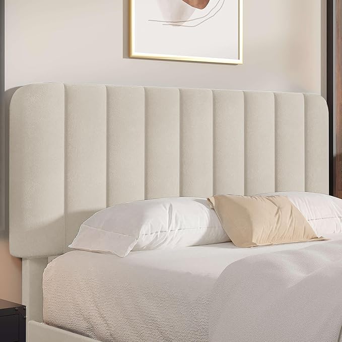 VECELO Full Size Bed Frame with Upholstered Headboard, Velvet Platform Bedframe Mattress Foundation, Strong Wood Slat Support, No Box Spring Needed,Velvet Beige