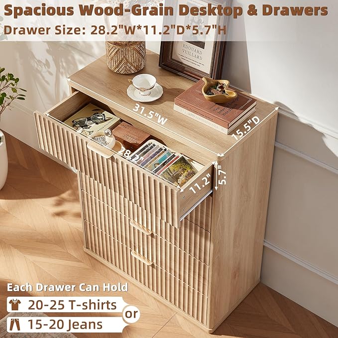 LEYAOYAO Fluted 5 Drawers Dresser for Bedroom, 41" Tall Modern Chest of Drawers with Metal Handle, Curved Profile Farmhouse Closet Organizer Wood Dressers TV Stand for Living Room, Hallway