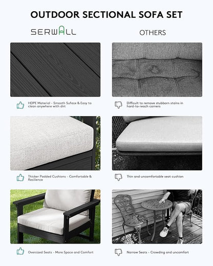 SERWALL HDPE Patio Conversation Set, 6-Piece Sectional Outdoor Furniture Set, All Weather Outdoor Couch Set Patio Furniture Set for Deck, Lawn, Black Frame with Khaki Cushion