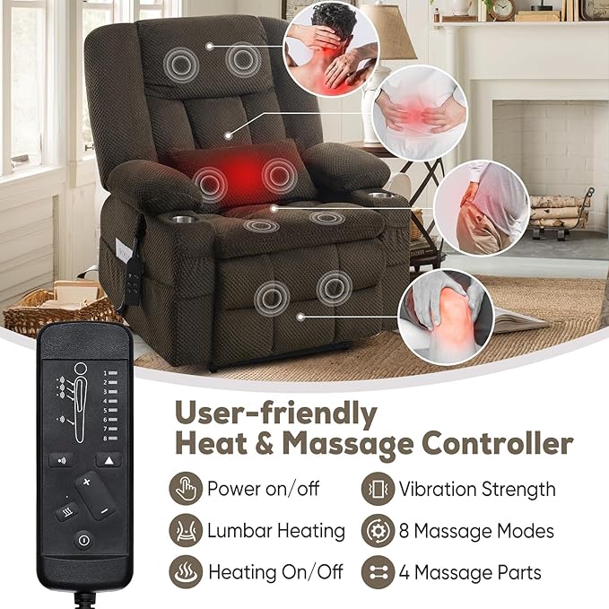 ABCASA Oversized Dual Motor Lay Flat Power Lift Massage Recliner Chair Set of 2, Lift Chairs Recliner with Lumbar Pillow, Cup Holder for Elderly with Heat for Living Room - Brown