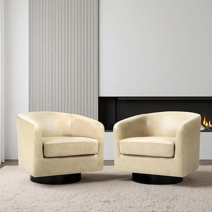 Lumibee Swivel Accent Chairs Set of 2, Faux Leather Swivel Barrel Chairs for Living Room, Modern Comfy Upholstered Round Armchairs Single Sofa Chairs for Bedroom, Club-Cream
