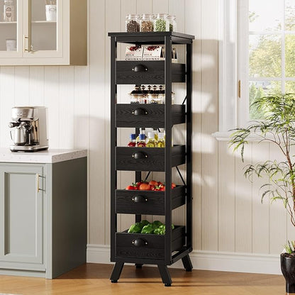 Tribesigns Black Wood Fruit and Vegetable Storage Rack, 5-Tier Narrow Snack Stand Kitchen Stand Fruit Basket, Pull-Out Utility Organizer for Kitchen, Living Room