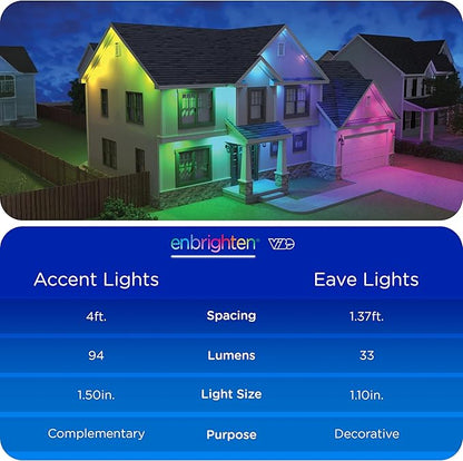 Enbrighten Vibe Eternity Accent Permanent Outdoor Lights for House, 100ft, 24 RGBWIC LEDs, Wide Spacing, 94lm, Tunable White, Everyday Eave Lighting, Smart App, Works with Alexa, Google Home, 85714