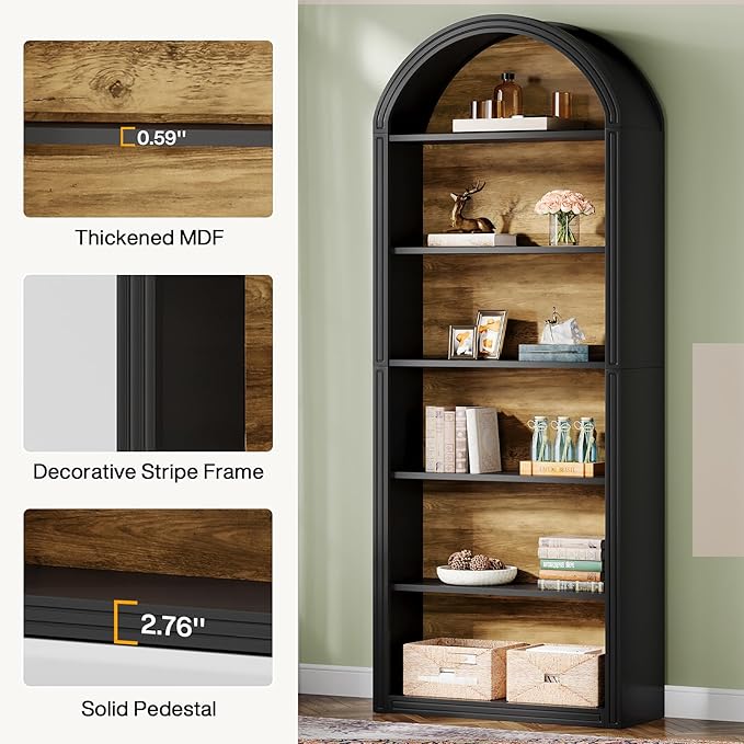 Tribesigns 77.16" Tall Arched Bookshelf, 6-Tier White Arched Bookcase with Storage Shelves for Living Room, Bedroom, Set of 2 (Black, 6-Tier)