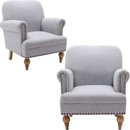 Modern Linen Accent Chairs Set of 2 Comfy Reading Chairs Upholstered Lounge Chair Single Sofa Couch for Bedroom/Living Room, Grey