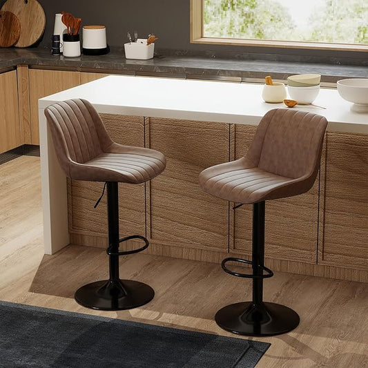 Youhauchair Bar Stools Set of 2, Swivel Counter Height Barstools with Back, Adjustable PU Leather Bar Chairs, Modern Armless Kitchen Island Stool, Light Brown