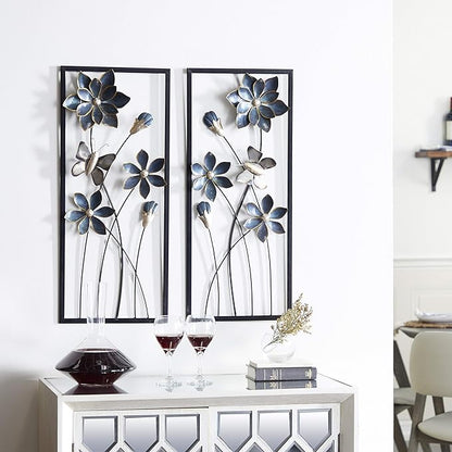 Deco 79 Metal Floral Home Wall Decor Wall Sculpture with Black Frames and Butterfly Accents, Set of 2 Wall Art 12"W, 28"H, Teal