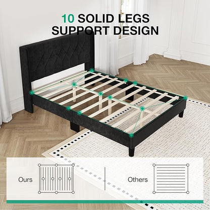 Novilla Full Size Bed Frame, Full Bed Frame with Headboard, Velvet Upholstered Pull-Point Wing Side Headboard, No Box Spring Needed, Heavy Duty Feet, Easy Assembly, Black Velvet