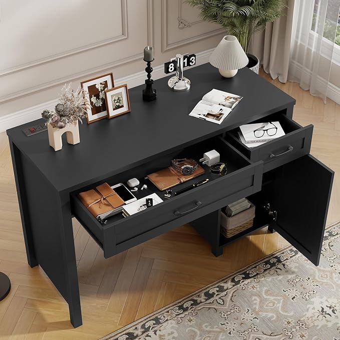 Farmhouse 47" Executive Desk, Computer Desk with Drawers and Storage Cabinet, Workstation for Home Office and Study.(Pure Black)