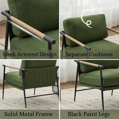 LukeAlon Mid-Century Linen Accent Chairs Set of 2, Soft Living Room Chairs with Metal Legs Modern Armchairs Lounge Chairs Upholstered Comfy Leisure Chairs for Bedroom Reading Room Waiting Room, Green