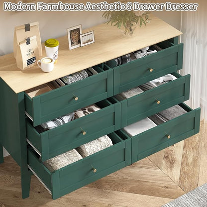 6 Drawers Green Dresser for Bedroom, 47" Wide Wood Modern Chest of Drawers, Shaker Style, Modular Dresser TV Stand for Bedroom, Living Room, Hallway (Green)