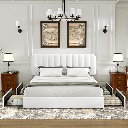 VECELO Full Size Upholstered Bed Frame with 4 Drawers and Headboard, Velvet Platform Storage Bedframe, Wooden Slats Support, No Box Spring Needed,White