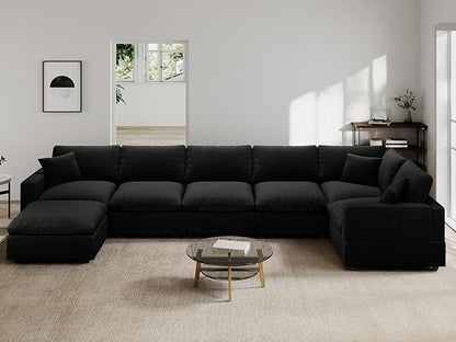 Modern Sectional Linen Couch for Living Room V-Shape Sofas,7 Seat Modular Cloud Sofas,Couches Cushion Covers Removable,Cozy Feather Down Sofa for Apartment Black