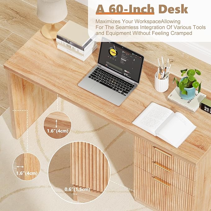 60'' Fluted Executive Desk with Drawers,Wood Home Office Desk with Storage Modern Fluted Computer Writing Desk for Study, Living Room, Bedroom,Natural Oak