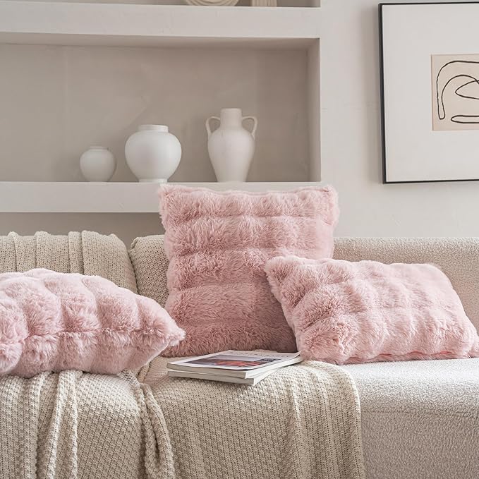 Neelvin Pink Faux Fur Cozy Soft Double-Sided Decorative Throw Pillow Covers 16x16 inch Set of 2,Velvet Pillowcase Cushion Case for Sofa Couch