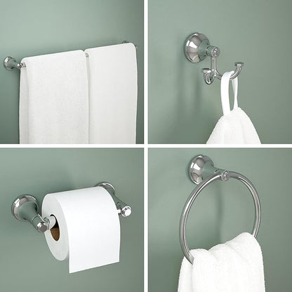 Franklin Brass Woodruff 4-Piece Bathroom Set Polished Chrome 18" + 6" Towel Rack, Toilet Paper Holder, Hand Towel Holder, Hook | 4-Piece Bath Hardware Accessories Set WDRF64-PC