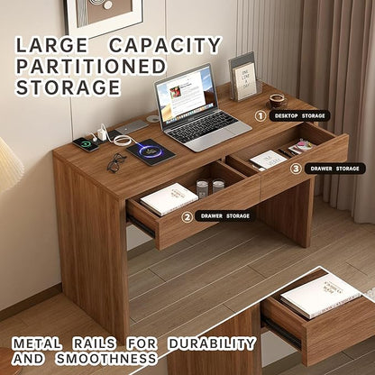 Dongge 47-Inch Office Desk with Pull-Out Outlet, Computer Desk with 2 Sturdy Drawers, Writing/Gaming/Work/Study Desk for Bedroom, Living Room & Home Office, Brown