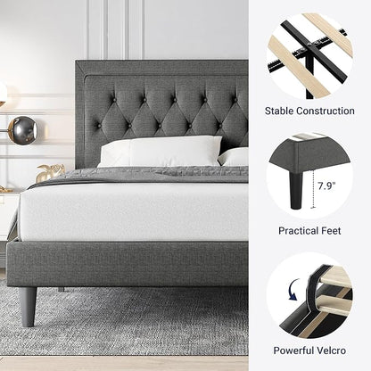 Allewie Queen Size Button Tufted/Fabric Upholstered Bed Frame with Adjustable Headboard/Wood Slat Support/Mattress Foundation/Dark Grey