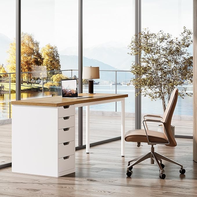 Tribesigns Modern Simple Computer Desk, 47 Inches PC Desk with 5 Reversible Drawers, Rustic Brown Study Writing Table Workstation for Home Office Small Spaces (Walnut+White)