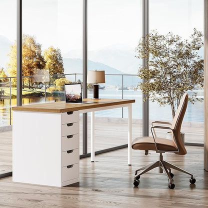 Tribesigns Modern Simple Computer Desk, 47 Inches PC Desk with 5 Reversible Drawers, Rustic Brown Study Writing Table Workstation for Home Office Small Spaces (Walnut+White)