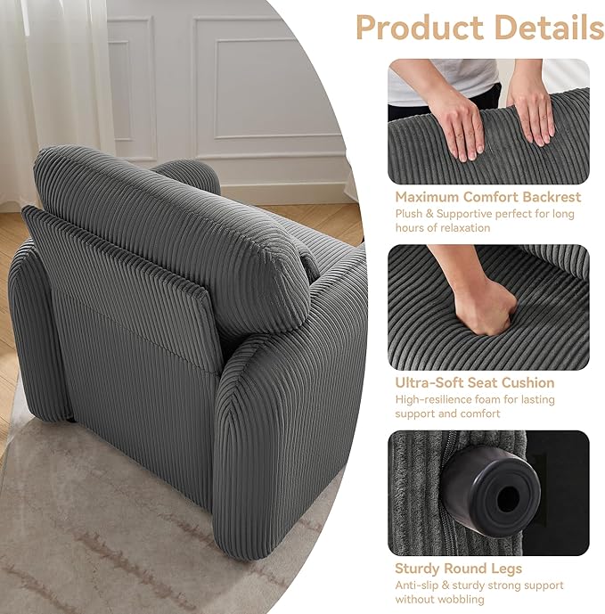 Corduroy Fabric Accent Chairs Set of 2, Modern Upholstered Living Room Chairs with Lumbar Pillow, Wide Comfy Leisure Armchair for Bedroom, Office, Reading, Grey
