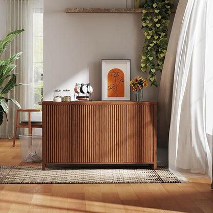 YOUDENOVA Fluted Buffet Cabinet with Storage, Modern Sideboard Cabinets with 4 Doors & Adjustable Shelves, Accent 56” Credenza Storage Cabinet, Wood Entryway Cabinet for Living Room Hallway, Brown