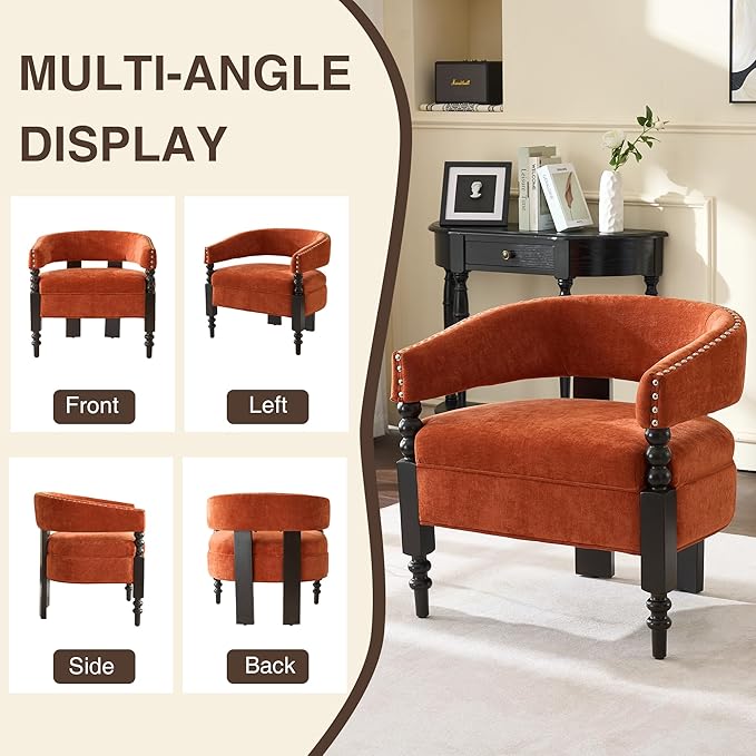LOULENS Barrel Accent Chairs Set of 2, Vintage Chenille Upholstered Lounge Chair with Solid Wood Legs, Comfy Leisure Side Armchair for Living Room, Bedroom, Reading Nook, Corner, Orange