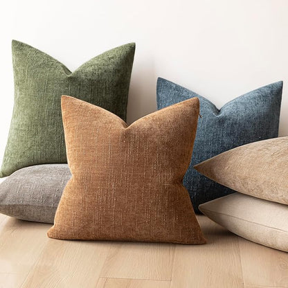 Foindtower Pack of 2 Soft Textured Chenille Throw Decorative Pillow Covers Square Accent Solid Cushion Cover Cozy Neutral Farmhouse Pillow Case for Couch Sofa Bedroom Living Room 20x20 Inch,Dark Green