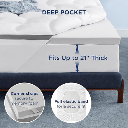 Bedsure 4 Inch King Size Mattress Topper, Dual Layer 2.5 Inch Gel Memory Foam & 800 GSM Waterproof Pillow Top Cooling Memory Foam Mattress Topper with 8-21 Inch Deep Pocket (King, 78x80 Inches)