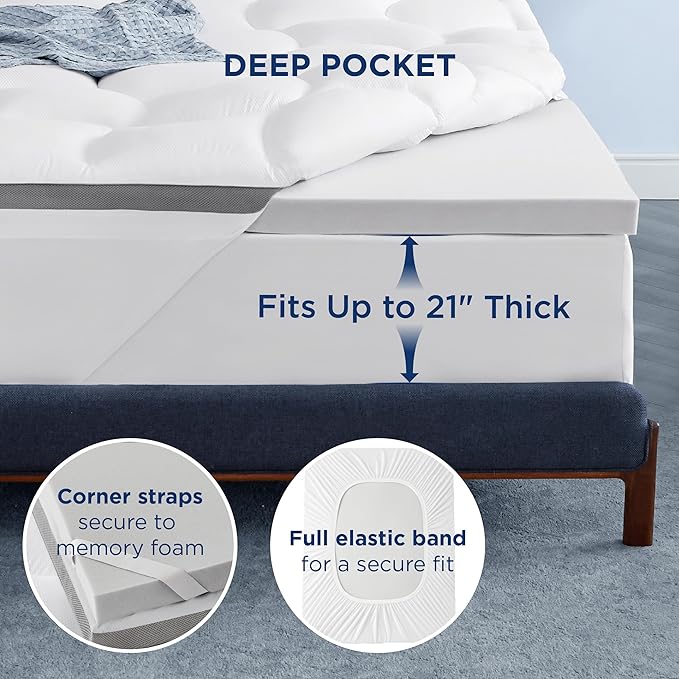 Bedsure 4 Inch Memory Foam Mattress Topper Twin Size, Dual Layer 2.5 Inch Gel Memory Foam & 800 GSM Waterproof Pillow Top Cooling Mattress Pad with 8-21 Inch Deep Pocket (Twin, 39x75 Inches)