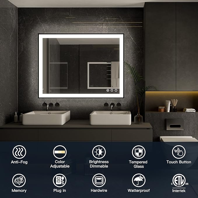 ISKM Framed LED Mirror for Bathroom 72"x40", Dimmable LED Bathroom Mirror with Lights, Anti-Fog, Front and Backlit Lighted Mirror 3-Colors, Shatterproof, Memory Function