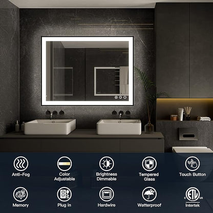 ISKM Framed LED Mirror for Bathroom 40"x30", Dimmable LED Bathroom Mirror with Lights, Anti-Fog, Front and Backlit Lighted Mirror 3-Colors, Shatterproof, Memory Function