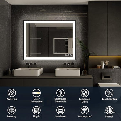 ISKM Framed LED Mirror for Bathroom 48"x36", Dimmable LED Bathroom Mirror with Lights, Anti-Fog, Front and Backlit Lighted Mirror 3-Colors, Shatterproof, Memory Function