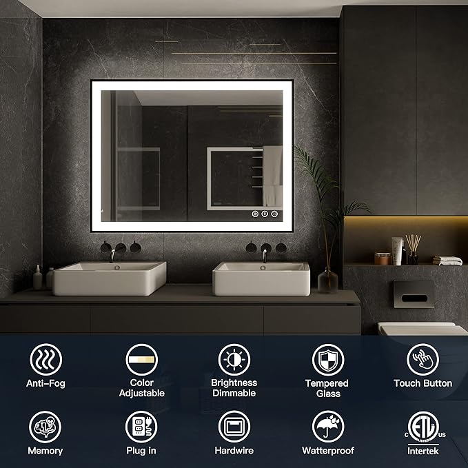 ISKM Framed LED Mirror for Bathroom 84"x32", Dimmable LED Bathroom Mirror with Lights, Anti-Fog, Front and Backlit Lighted Mirror 3-Colors, Shatterproof, Memory Function
