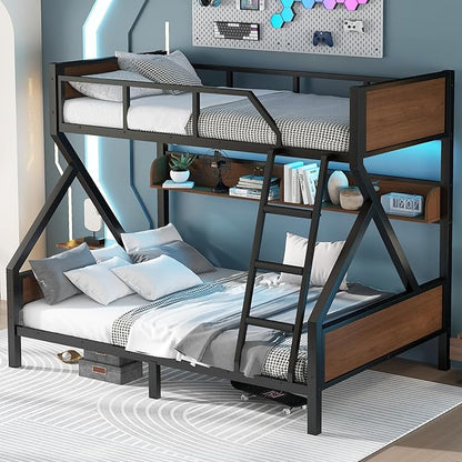 Bellemave Twin Over Full Bunk Bed with Storage Shelf and RGB LED Lights, Adults Bunk Bed with Angle Padded Ladder, Heavy Duty Bunk Beds with Noise-Reducing Rubber Stoppers, Black