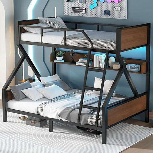 Bellemave Twin Over Full Bunk Bed with Storage Shelf and RGB LED Lights, Adults Bunk Bed with Angle Padded Ladder, Heavy Duty Bunk Beds with Noise-Reducing Rubber Stoppers, Black