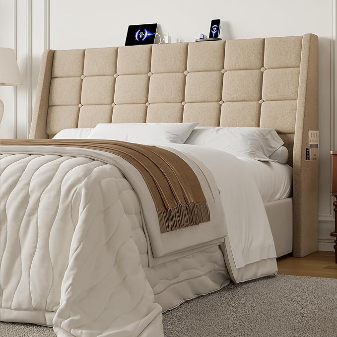 Queen Size Headboard with Charging Station, Ergonomic Upholstered Linen Headboards Only, Wingback Wood Bed Head Board with Storage Pocket, Bed Frame Adapters, Beige